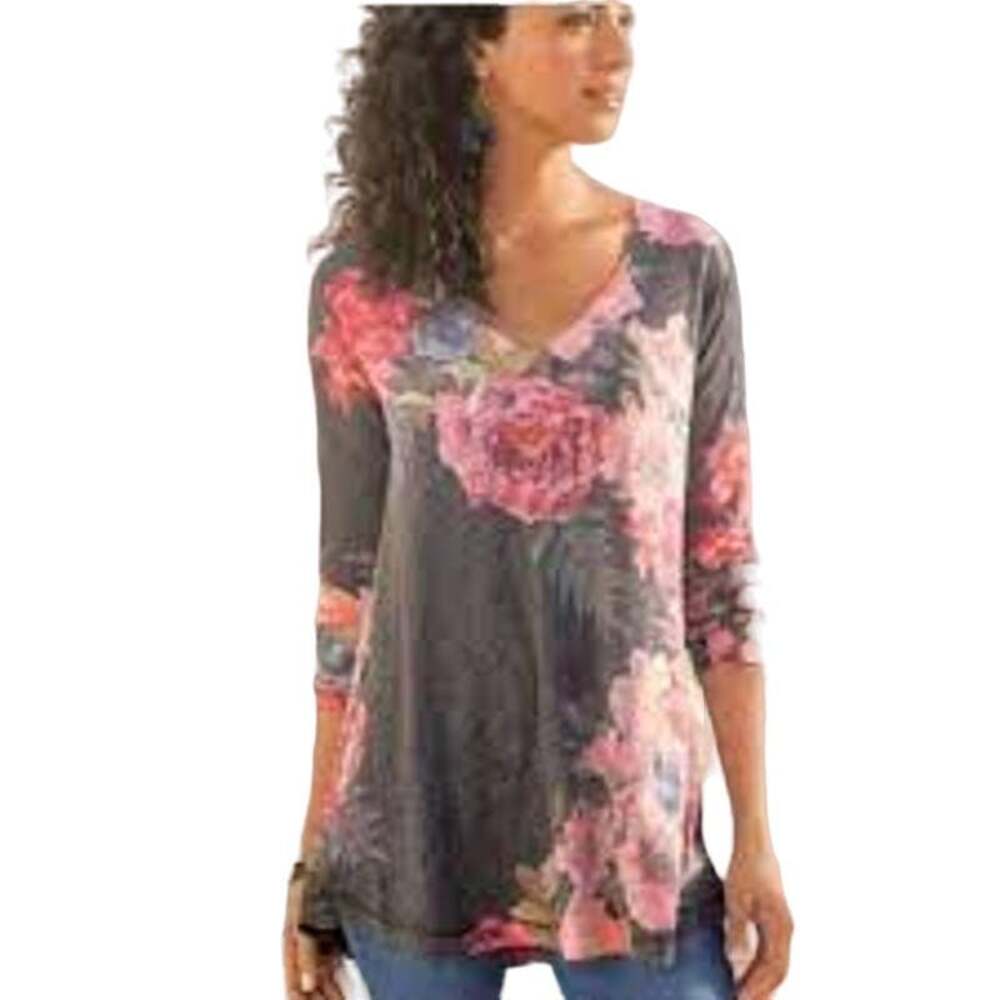 Soft Surroundings Midnight Blooms Gray Floral Cottage Core Sweater Size XS
